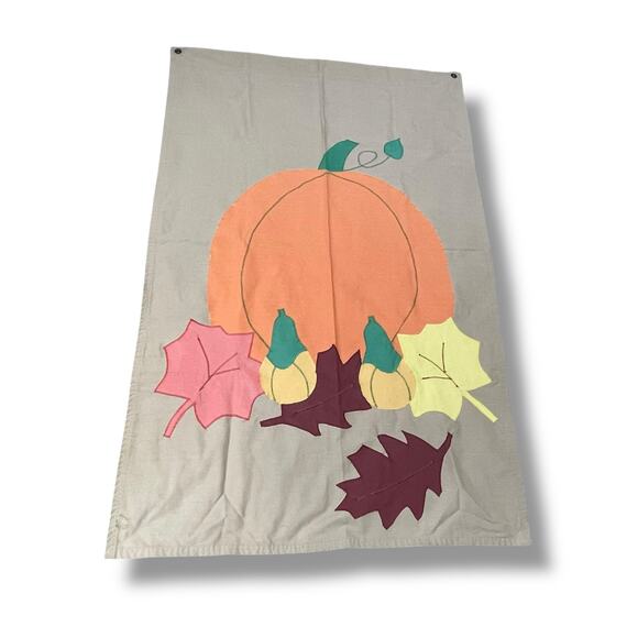 Fall Pumpkin Squash Leaves Flag Grommets House Outdoor Decor Vintage 54" x 35"W - Picture 2 of 13